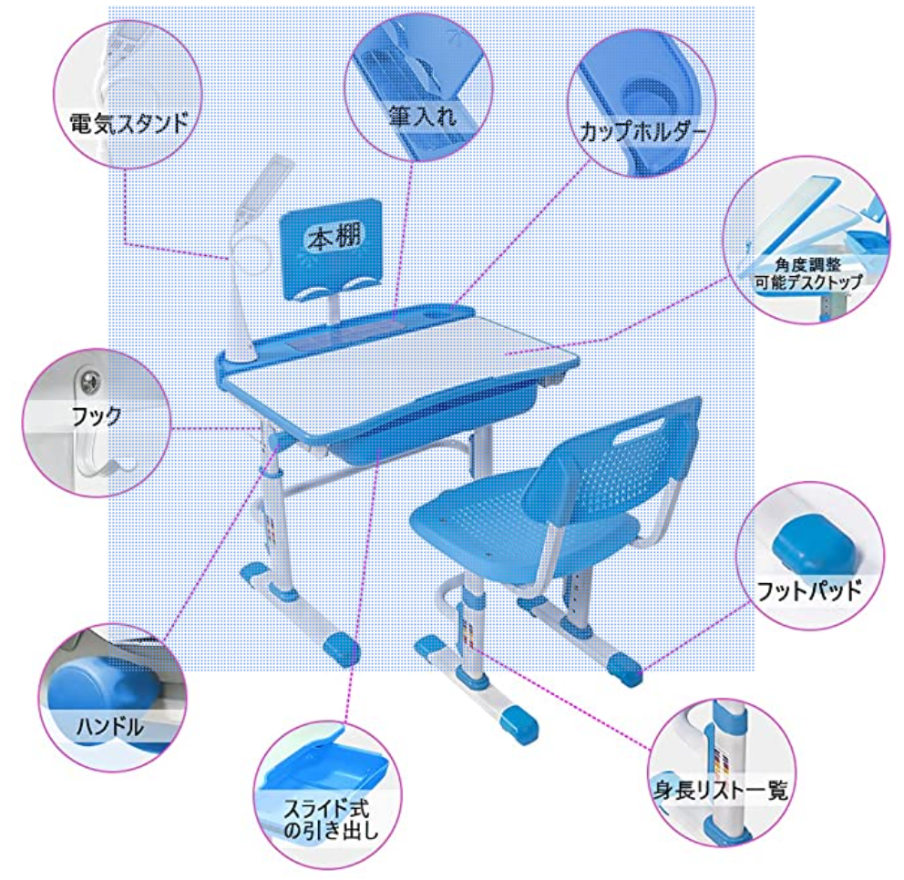 学習机セット 子供用 デスク・椅子セット 勉強机 電気スタンド付き 学習デスク キッズデスクセット 高さ調整可能 角度調節可能 文房具収納 多機能 安心安全設計 子供部屋 組立品 大容量トレー付き (青い) LVYUAN(リョクエン)